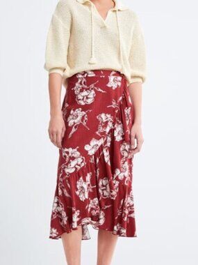 Zara Red Linen Midi Wrap Skirt